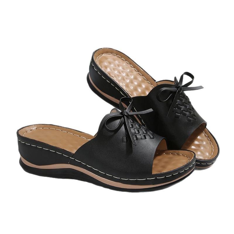 New Summer Women's Platform Slippers Large Size Bow One-word Slope Heel Platform Women's Slippers