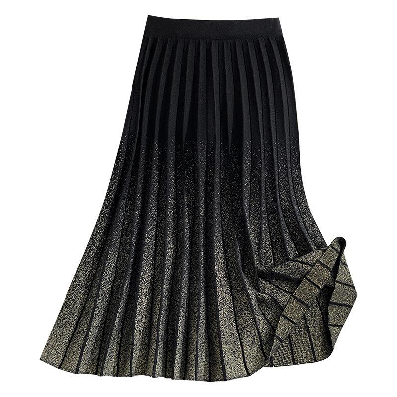 Autumn and Winter Mid Length Knitted Pleated Skirt with Elastic Waist Gradient Skirt