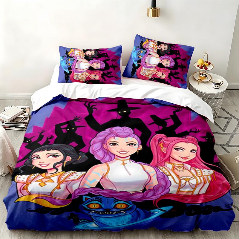 Kpop şeytan avcıları 3 parçalı set Yatak odası kullanımı için mükemmel Rahat nevresim takımı bir yorgan kılıfı ve iki yastık kılıfı içerir İdeal doğum günü veya Noel hediyesi