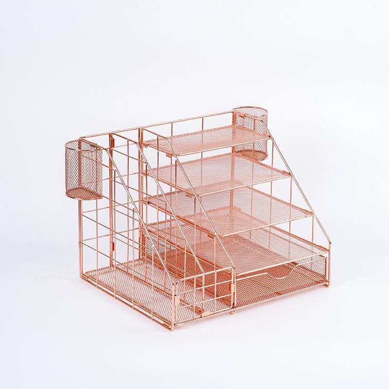 Rose gold desktop storage rack, office multi-layer desktop metal file storage rack