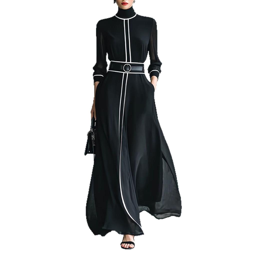 Amazon European and American winter French elegant wind contrasting color long-sleeved dress high-necked chiffon long belt long dress