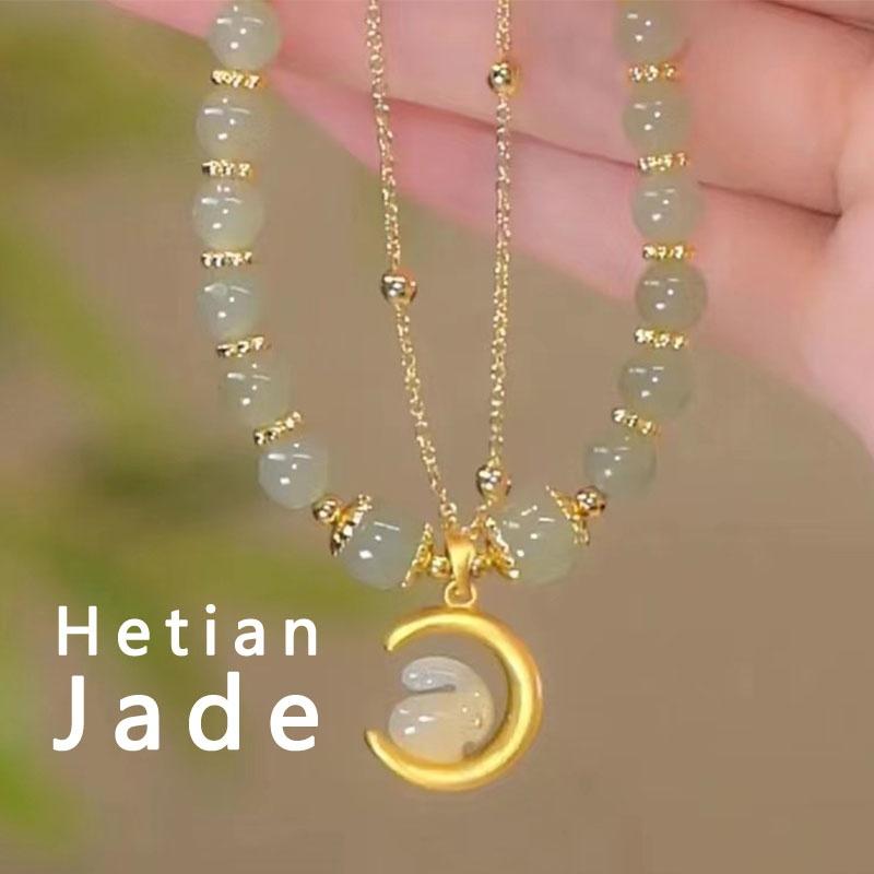 

Натуральный нефритовый браслет Hetian с двойной цепочкой и лунным кроликом для женщин
