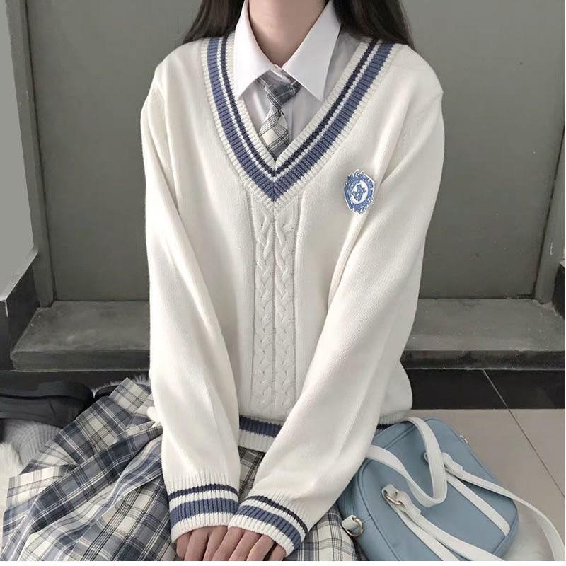 Unisex College Style V-Neck Long Sleeve Knit Sweater Vest for Spring and Autumn
