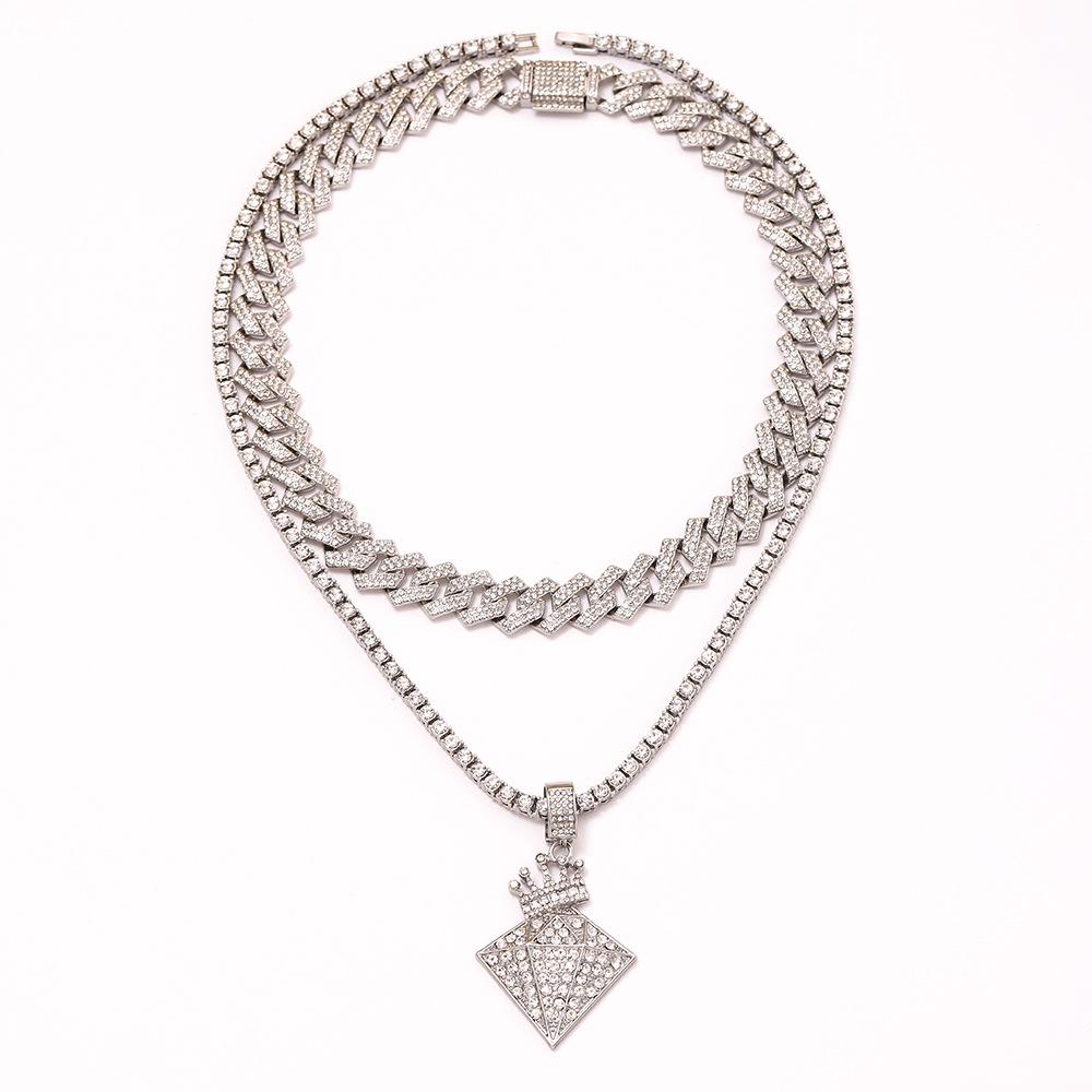 Hip Hop Full Diamond Fashion Necklace Set: Cuban Chain & Tennis Chain