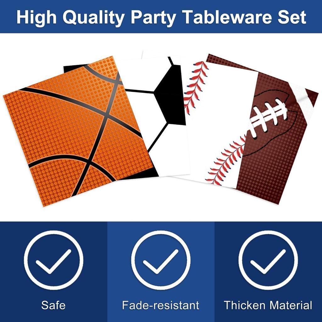 In-Stock Mixed Sports Party Decorations: Football, Basketball, Rugby Paper Plates & Tablecloths