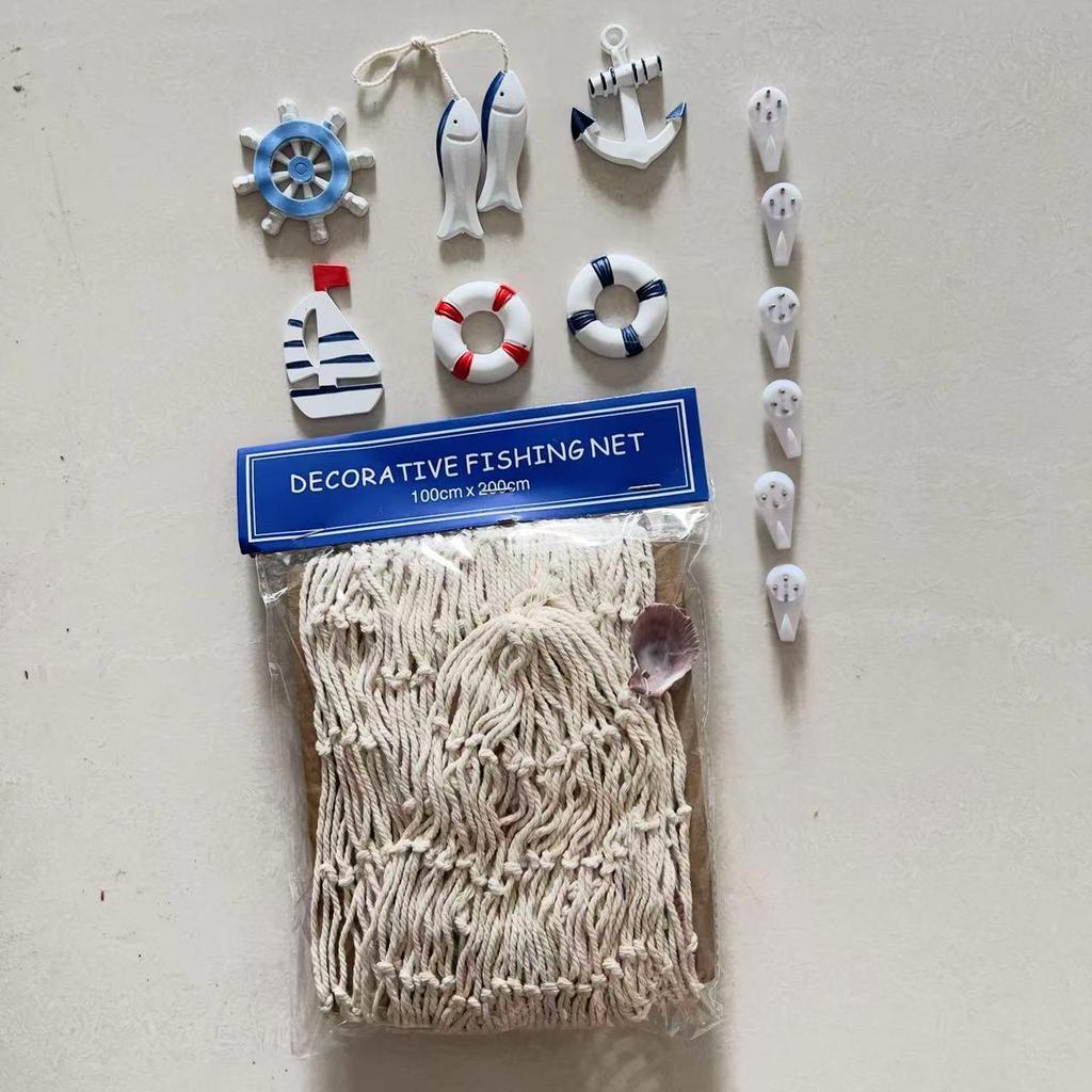 Nautical Wall Décor Set: Fishing Net, Lifebuoy, Anchor, Starfish, Fish, and Photo Props