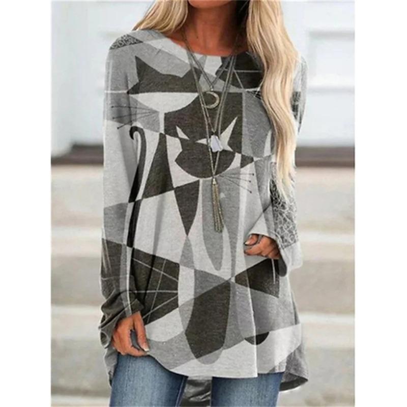 

2024 Повседневная футболка с длинным рукавом и круглым вырезом с принтом, высокое качество, удобная большая версия женской одежды 5XL