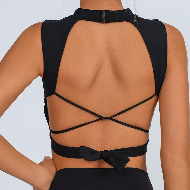 

Foreign Trade New Cross-Border Sports Fitness Vest Women s Nude Feeling Quick-Drying Beauty Back Including Chest Pad Yoga Training Lace-up Top Dark night Black M