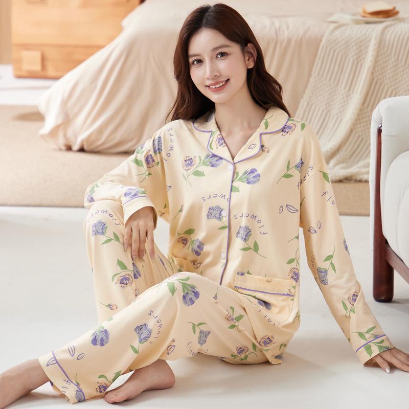 Plus Size Floral Pajama Set: Spring & Autumn, Long Sleeve, Comfortable Japanese Style for Middle-Aged Moms, Indoor/Outdoor Wear