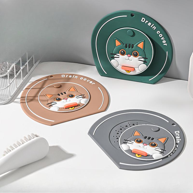 Rotating Cat Silicone Drain Cover For Bathroom And Kitchen Sink Odor Proof Floor Drain Stopper With Hanging Hole