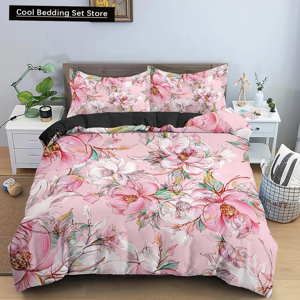 Comforter Flowers King Queen 3D Colorful Floral Printed Polyester Bedding Set For Teens Adults Women Leaves Soft