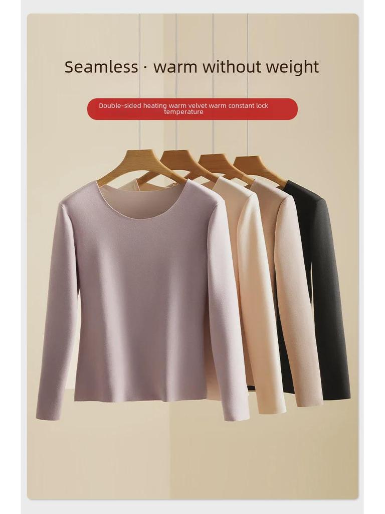 Damen Langarm Thermo-Oberteil aus deutschem Samt: Slim Fit, Rundhalsausschnitt, Einfarbig, Übergröße, Herbst/Winter Wärme.