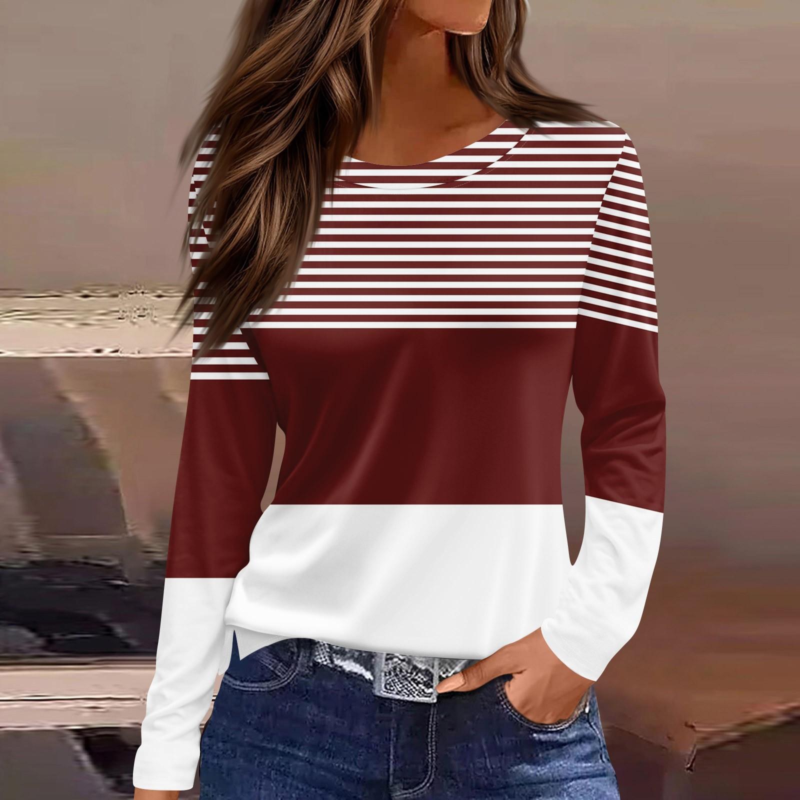 

Женская мода повседневный топ с разрезом по низу и полосками в полоску с градиентным принтом и круглым вырезом с длинными рукавами XL винный