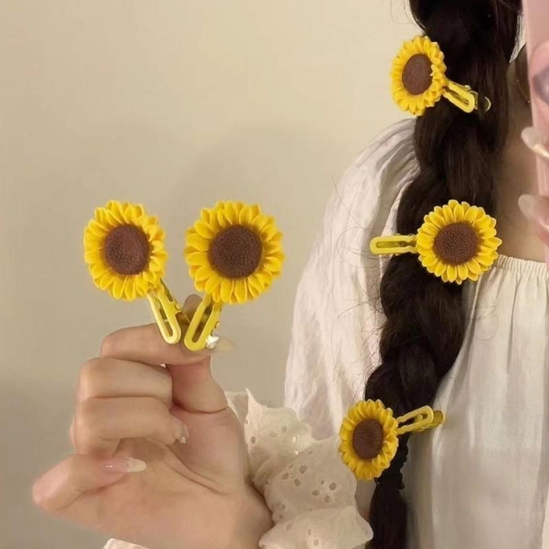 2Pcs/Set Kids Sunflower Hair Clips Sweet Cute Bangs Side Clip Cute Daisy Small Flower Hairpins Duckbill Hairpin Girls Hair Accessories