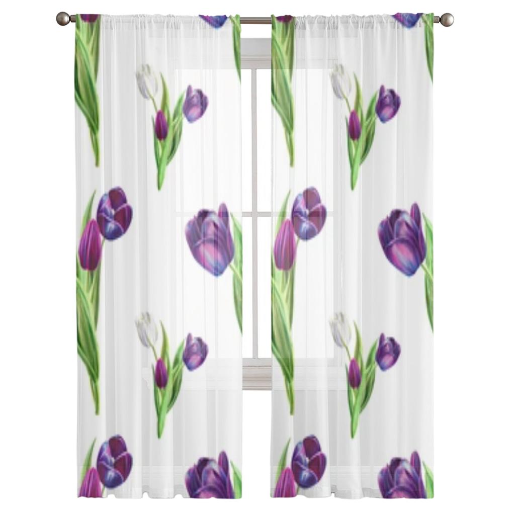 Schwarz-Weiße Tulpen Chiffon Transparente Vorhänge für Wohnzimmer Schlafzimmer Dekoration Fenster Tüll Vorhänge Drapes
