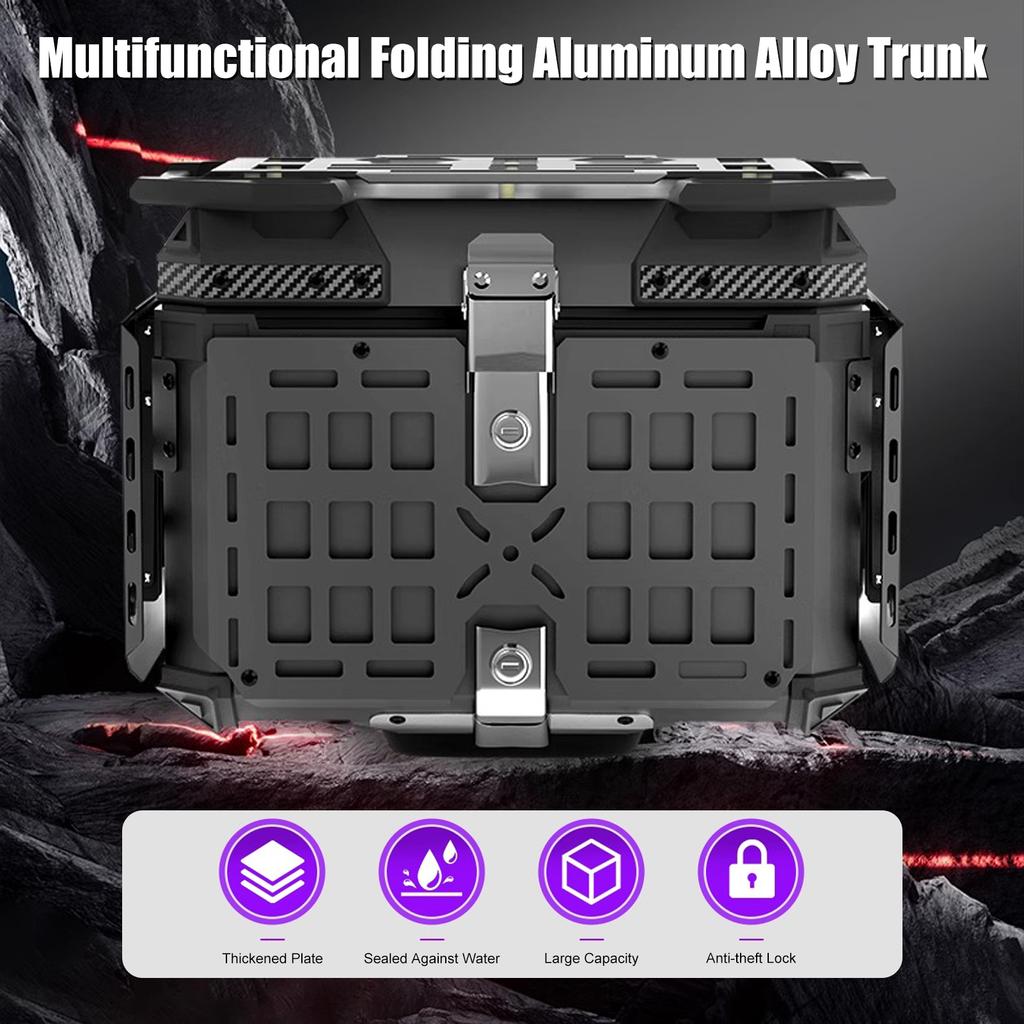 Motorcycle Tail Box, 45L Aluminum Alloy Motorcycle Luggage Trunk, Quick Release Foldable Rear Storage Cargo Case for