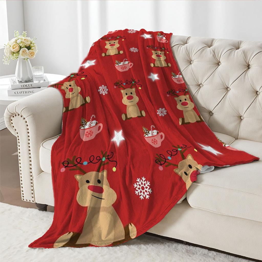 Cartoon Christmas Reindeer Printed Blanket for Sofa Travel Camping Living Room Office Conditioning Blanket for All Seasons Gifts