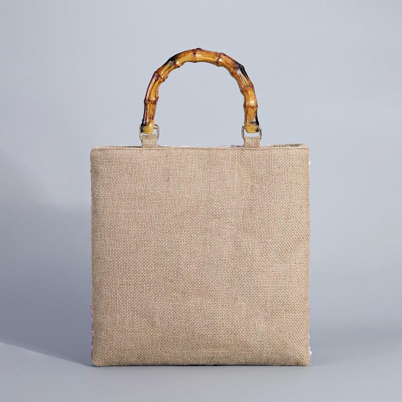 Women's Retro Tote Bag Vintage Pink Embroidery Sequin Bamboo Handle Handbag Elegant Fashion Bag Daily Commute Shopping Travel Bag