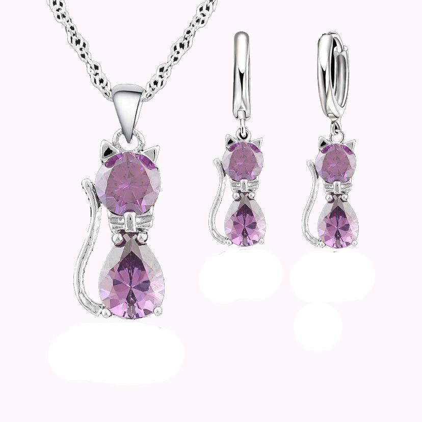 925 Sterling Silver Cute Cat Crystal Necklace Earrings Jewelry Sets for Women Girls Party Best Friend Gift Fashion Jewelry
