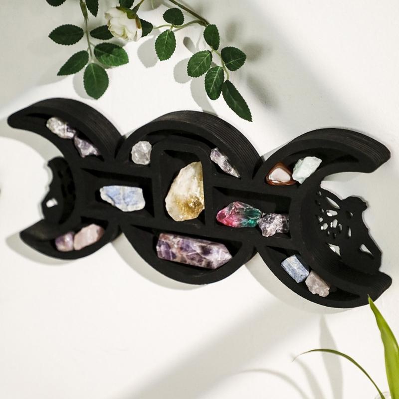 Black Fairies Moon Design Wooden Wall Crystal Display Hanging Shelf With Multi Compartments For Artistic Storage Solution