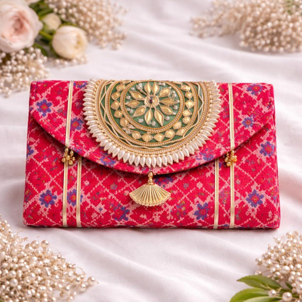 Women Ethnic Embroidered Clutch Bag with Golden Handwork & Tassel | Traditional Wedding Party & Festive Shagun Purse
