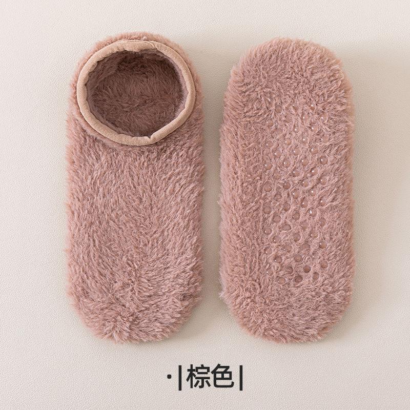 5-1 Pairs Winter Thick Coral Fleece Floor Socks, Men's and Women's Home Anti Slip Socks, Solid Color Boat Socks, Autumn and Winter Sleep Socks