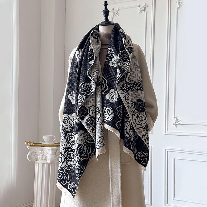Camellia Cashmere Scarf Women'S Winter Senior Sense Versatile Thickened Warm Scarf Air Conditioner Shawl Imitation Cashmere