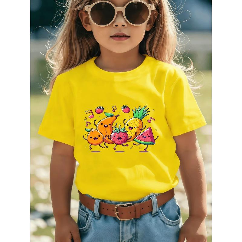 European Sizes Cute Cartoon Fruit Dance T-Shirt - Featuring a Smiling Orange for Girls, Tropical Mango for Boys