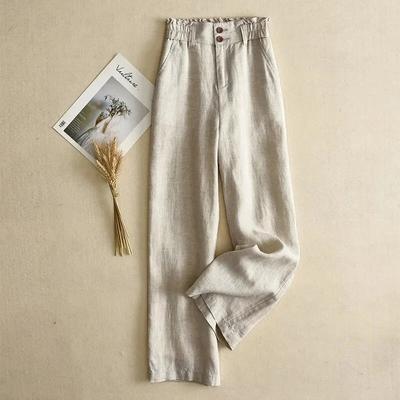 Pantalon Beige en lin pour femmes, couleur unie, décontracté, basique, taille haute, jambes larges, ample, mode coréenne, longueur cheville