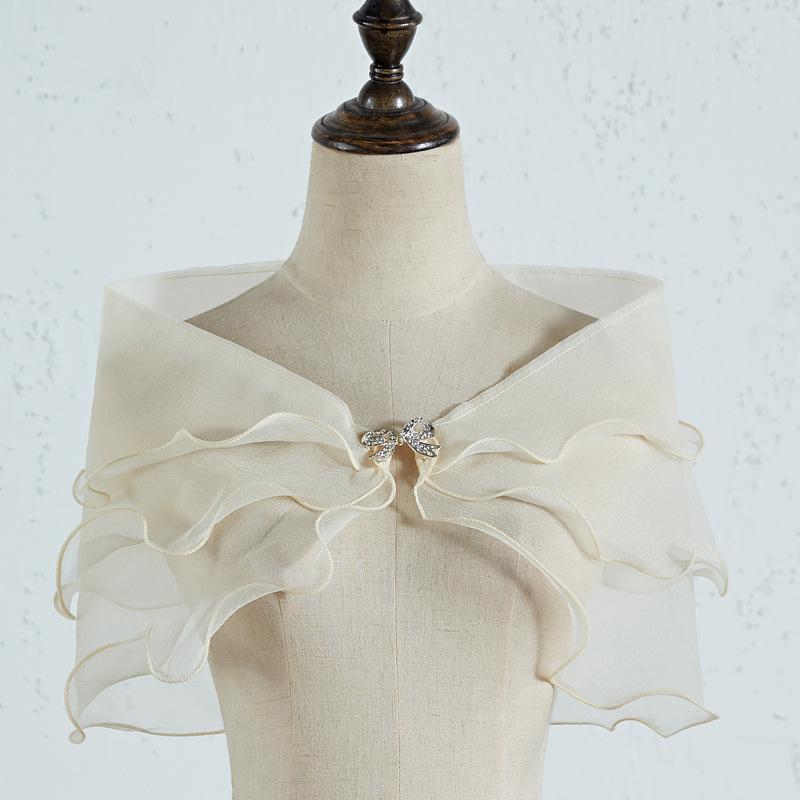 Ruffle Organza Shrug Bolero With Rhinestone Bow Clip Multi Color Sheer Tulle Cape Wrap For Off Shoulder Evening Prom Wedding Dress