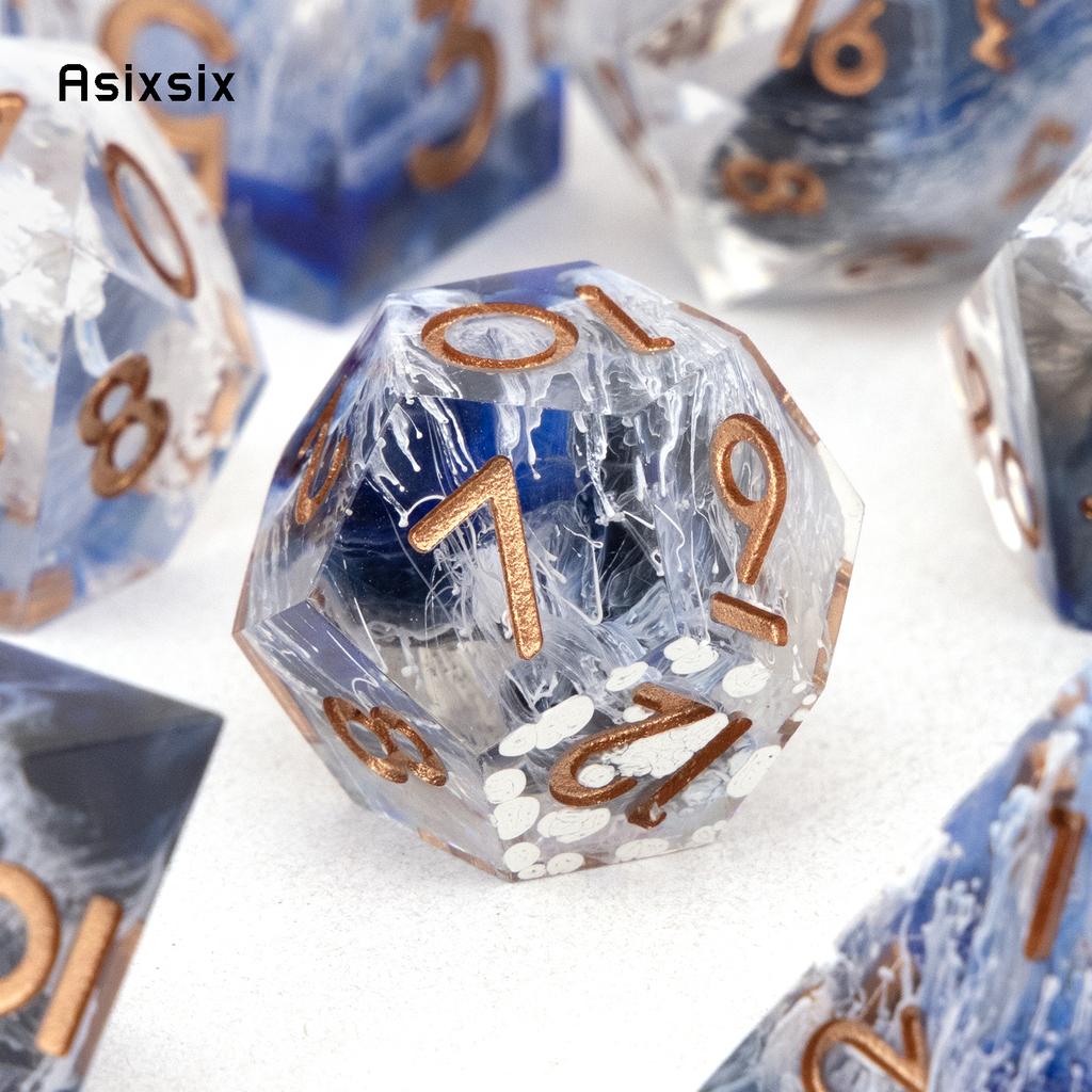 7 Pcs Blue Golden Number Sharp Edge Resin Dice Polyhedral Dice Suitable For Role-Playing Dice PropBoard Game