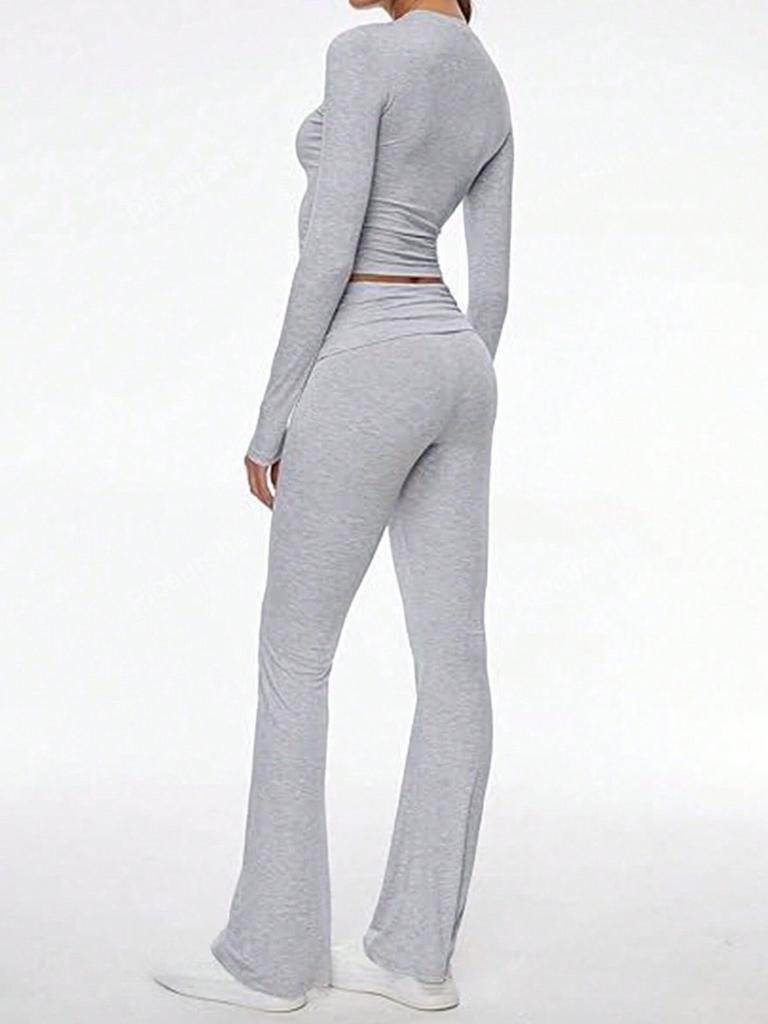 Autumn Women Deep V Neck Flared Pants Sport Casual Set For Women