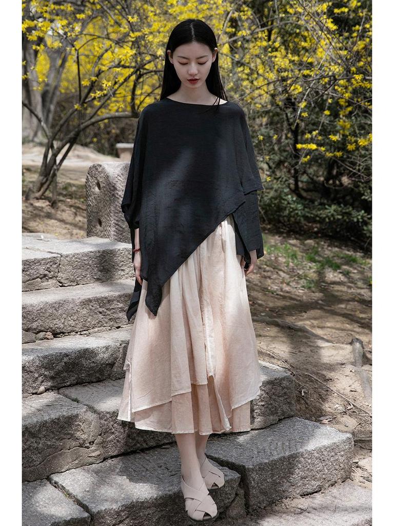 2025 Spring/Summer Artistic Fairy Hand-Painted Cotton Linen Irregular Double-Layer Skirt for Women