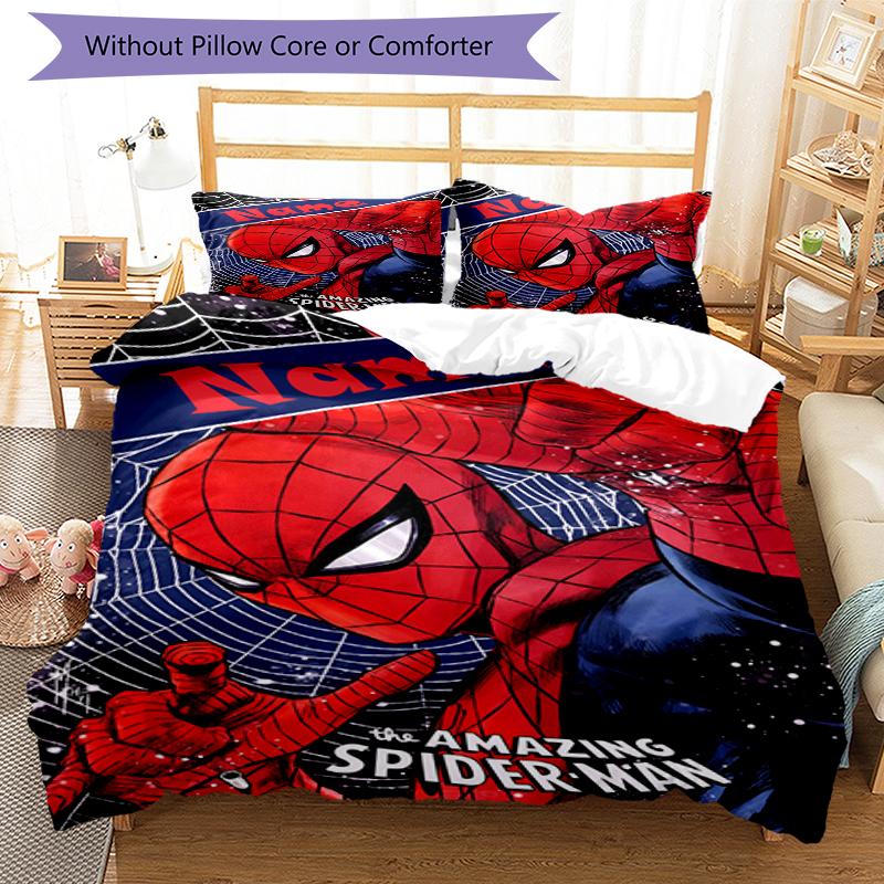 3pcs Custom Name Spider Man Bedding Set Duvet Cover Closure Includes 1 Duvet Cover & 2 Pillowcases, Soft and Comfortable for All Seasons.