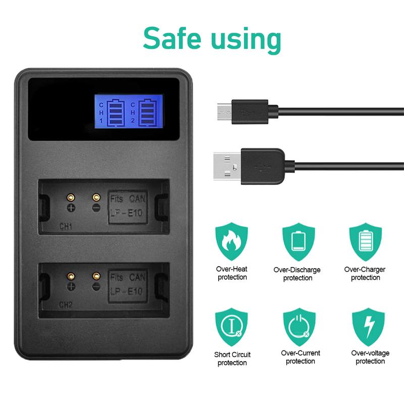 LP-E10 Dual-slot Camera Battery Charger Suitable for Canon EOsRebel T3,T5,T6,T7,EOS 1200D,EOS 1300D,EOS 2000D, EOS3000D Etc.