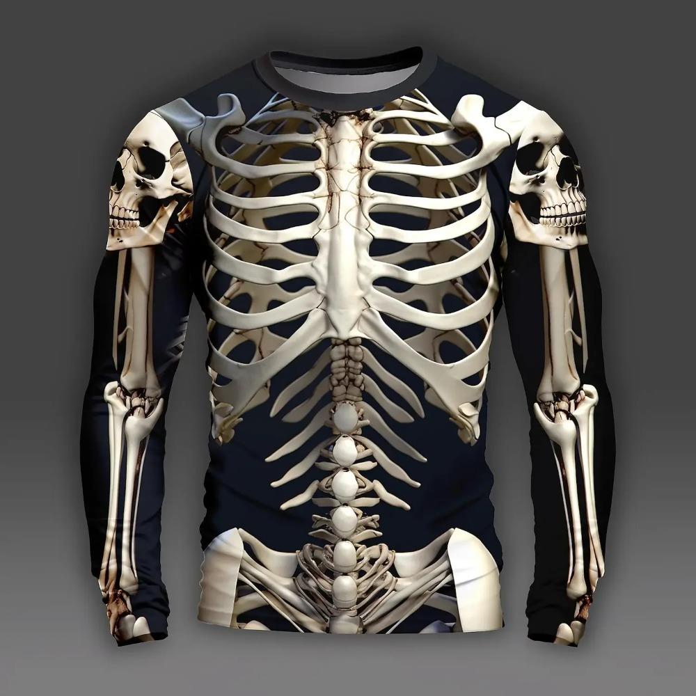 Funny Bones 3D Digital Printed Men's Fashion Trend Round Neck Long Sleeved T-shirt