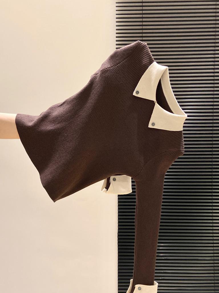 Temperament Contrasting Color Knitted Sweater Women's Autumn and Winter Niche Chic Olo Lapel Inside Sweater Backing Top