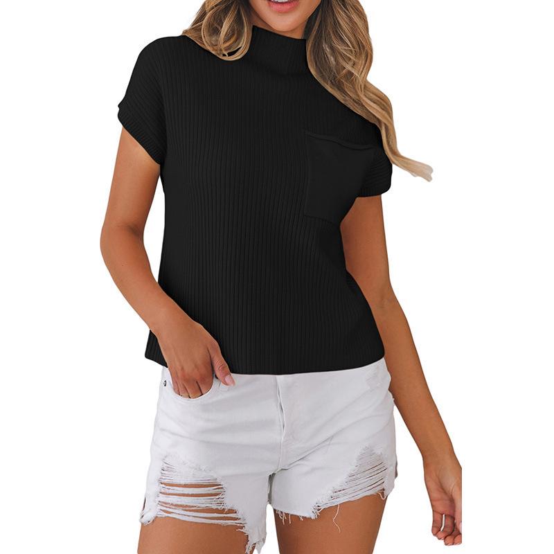 2025 Women's High Neck Short Sleeve Ribbed Knit Pullover – European & American Fashion