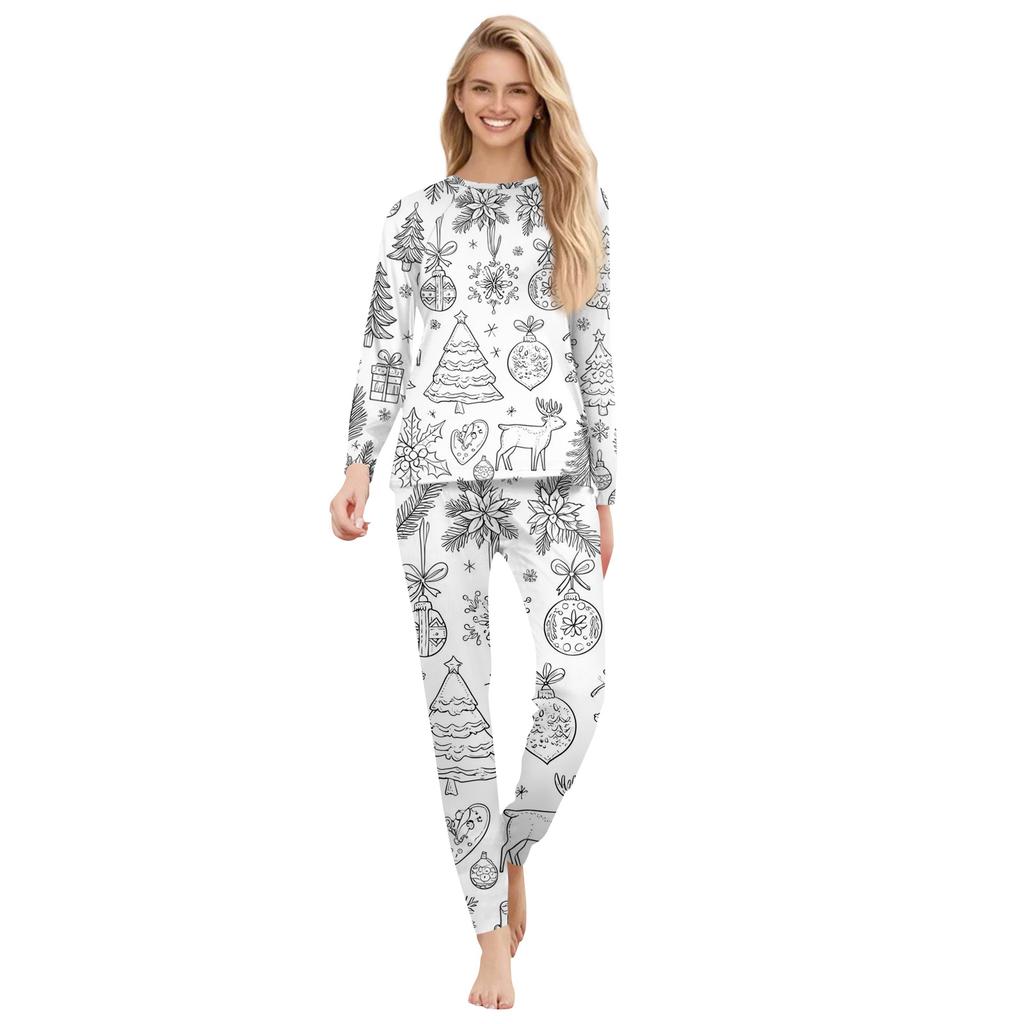 DIY Hand Painted Colorable-Parent-child Outfit - Christmas Print Round Neck Parent-child Long Sleeve Long Pants Home Clothes Suit Spring
