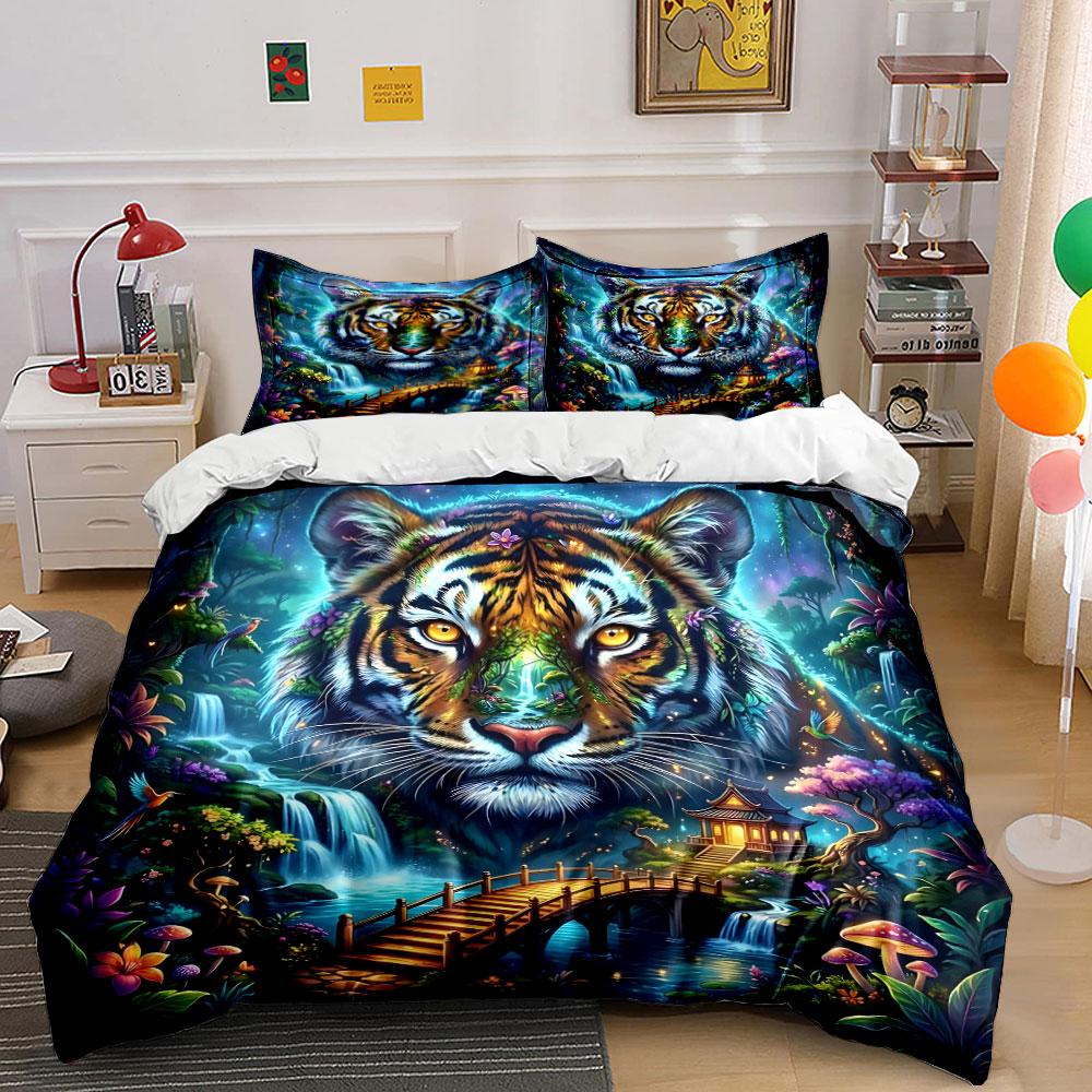 Mystical Tiger Forest Design Bedding Duvet Cover Set (1*Duvet Cover 2*Pillowcases, Without Duvet Insert)