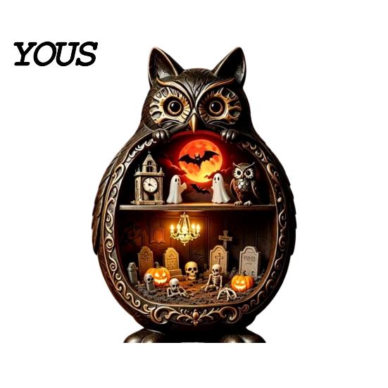 Wood Owl Sculpture Halloween Wooden Tabletop Centerpiece, 2D Flat Pumpkin Ghost Bat Figurine Skeleton Standing Table Sign for Party, Shelf, Desk Decor
