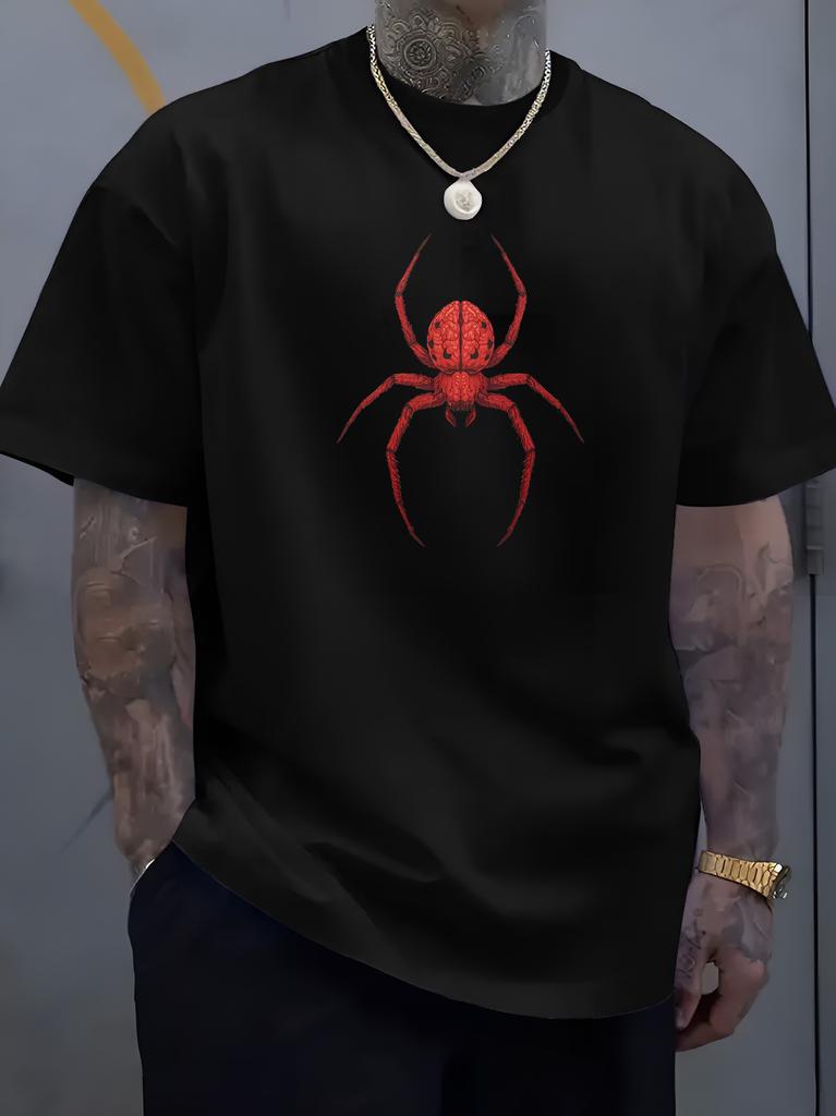 Unisex O Neck Tee Vivid Red Spider Animal Pattern Print Cotton Short Sleeve Loose Summer Breathable Daily Casual Basic Wear Top