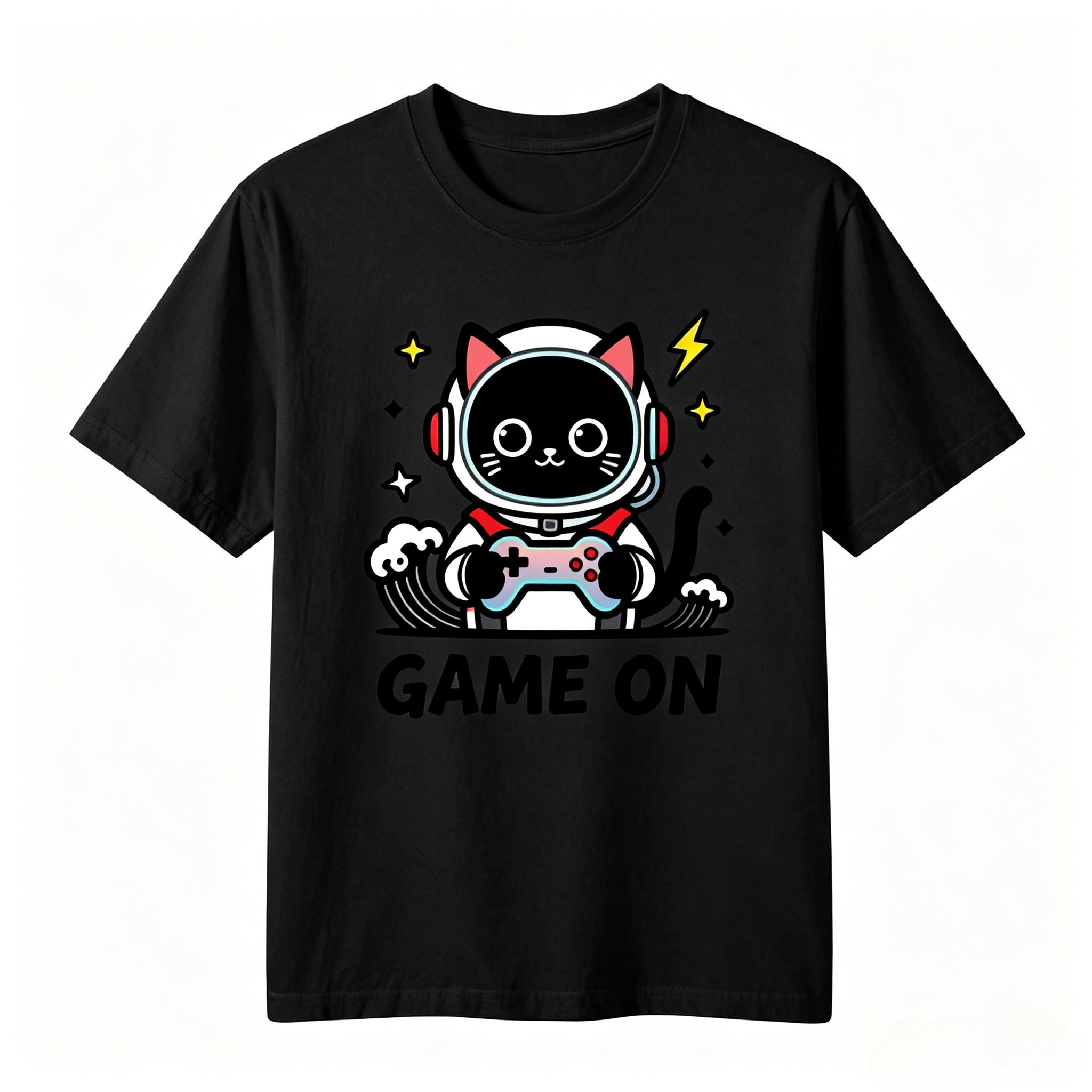 Kawaii Space Astronaut Cat Gaming Gamepad Print Tshirt Unisex Unisex Cute Cartoon Loose Oversized Cotton Casual Gamer Street Tees S