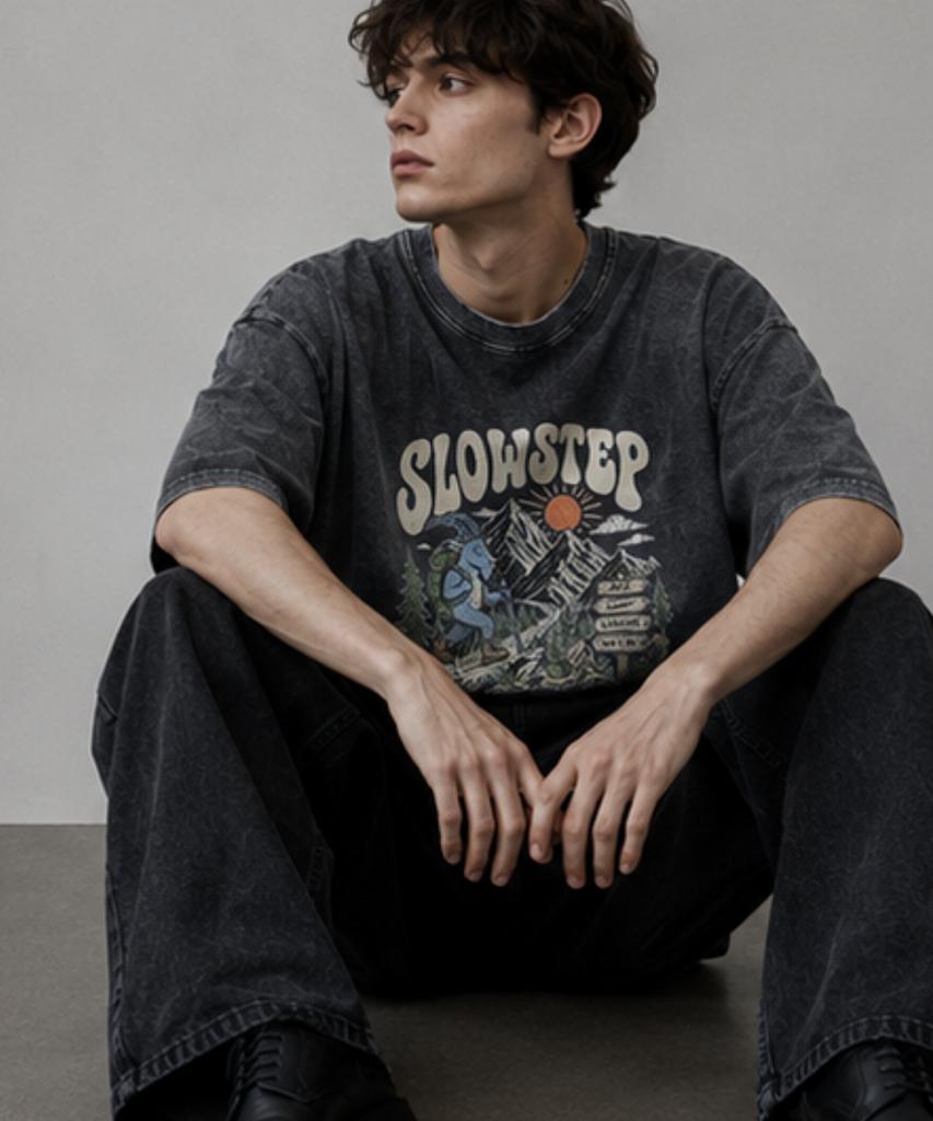 Seullouseuteb Sp2606 Vintage Mountain Goat Graphic Pigment Oversized Short Sleeve Tee Black