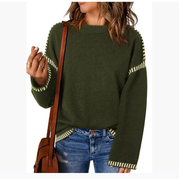 Autumn and Winter Women's Sweater Solid Color Round Neck Loose Long-sleeved Contrast Color Twisted Knitted Pullover Sweater Top