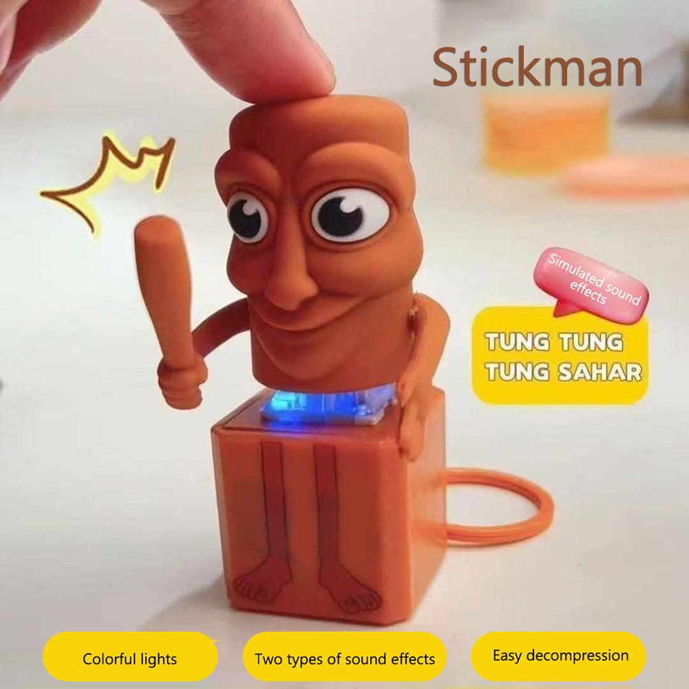 2025 Neu Tung Tung Tung Holz Strichmännchen Knopf Schlüsselanhänger mit Leuchtendem Sound Schlüsselanhänger Anhänger Anime Peripherie Dekor Geschenke