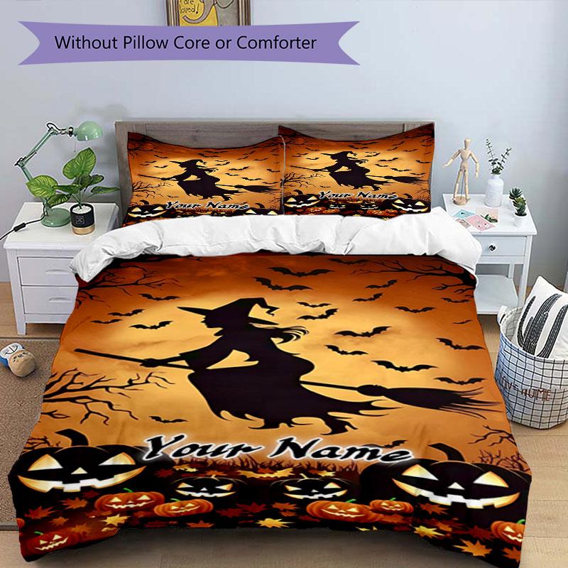 3PC Custom Name Halloween Witch Pumpkins Bedding Set Printed Bedding Set Duvet Cover Closure Includes 1 Duvet Cover & 2 Pillowcases for All Seasons Be