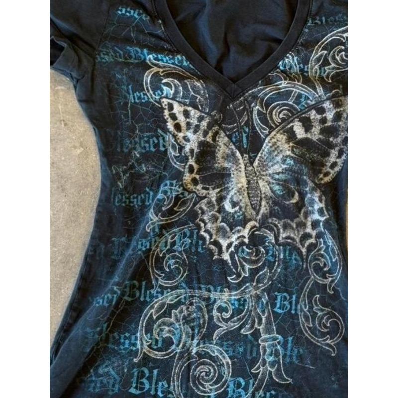 Harajuku Fairy Cropped Butterfly Printing T Shirts Vintage Grunge Streetwear Tops Women Summer Y2k Aesthetic Casual Crop Shirts