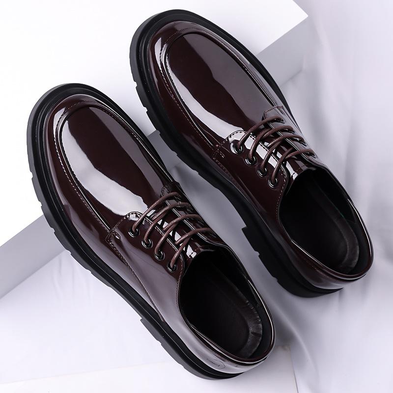 Men's shoes glossy leather shoes men's casual shoes young men's suit leather shoes black round head leather shoes Hong Kong style trend shoes
