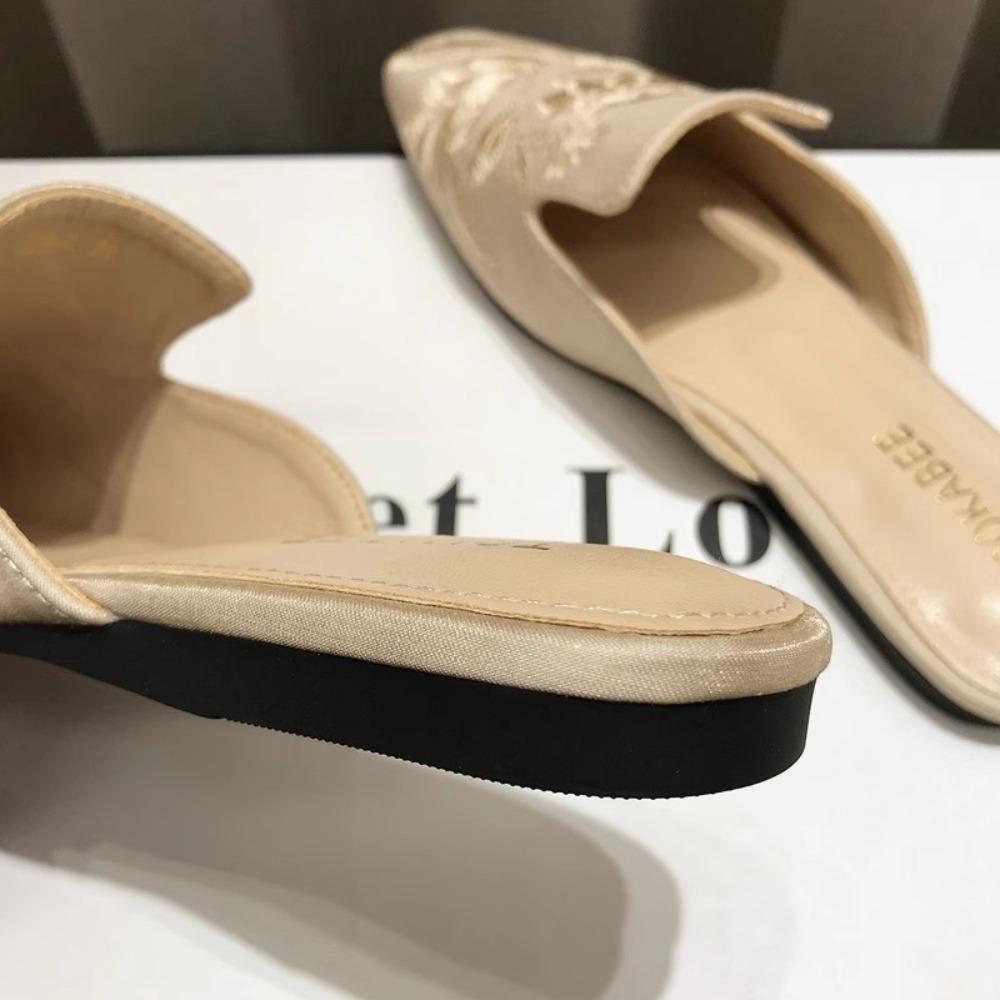 Women's Mules Embroidered Bag Head Half Slippers Women's Outer Wear Spring and Summer Retro Versatile Flat Soled Muller Shoes